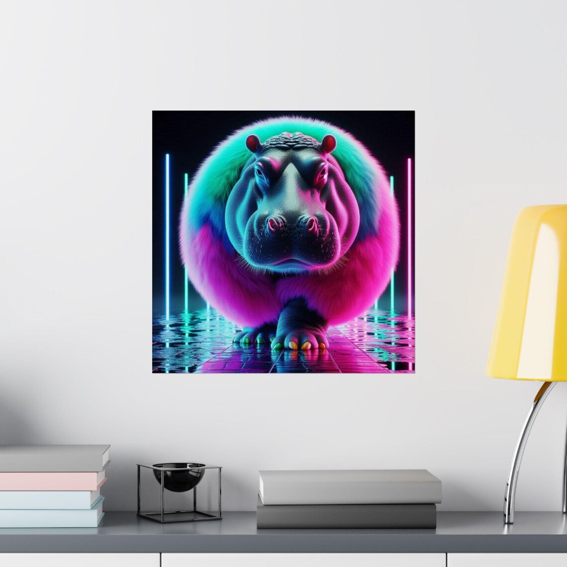 Neon Fluffy Hippo in Cyberpunk Street Style Funny Animal Art Poster - Image 2