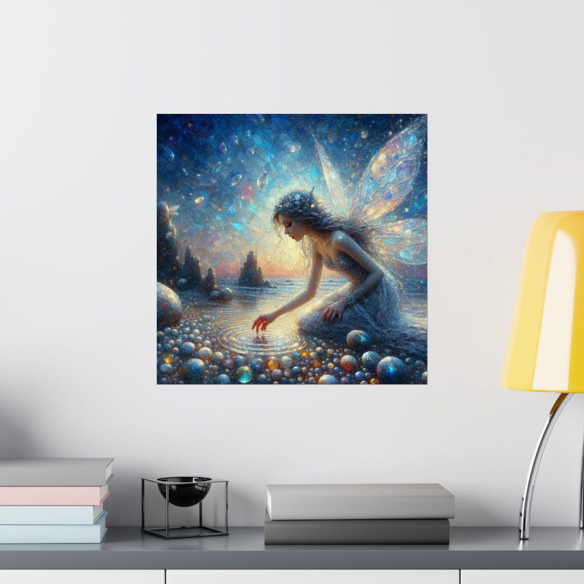 Fairy Touching Water Ripples on Pebble Shore at Dusk Art Poster - Image 2