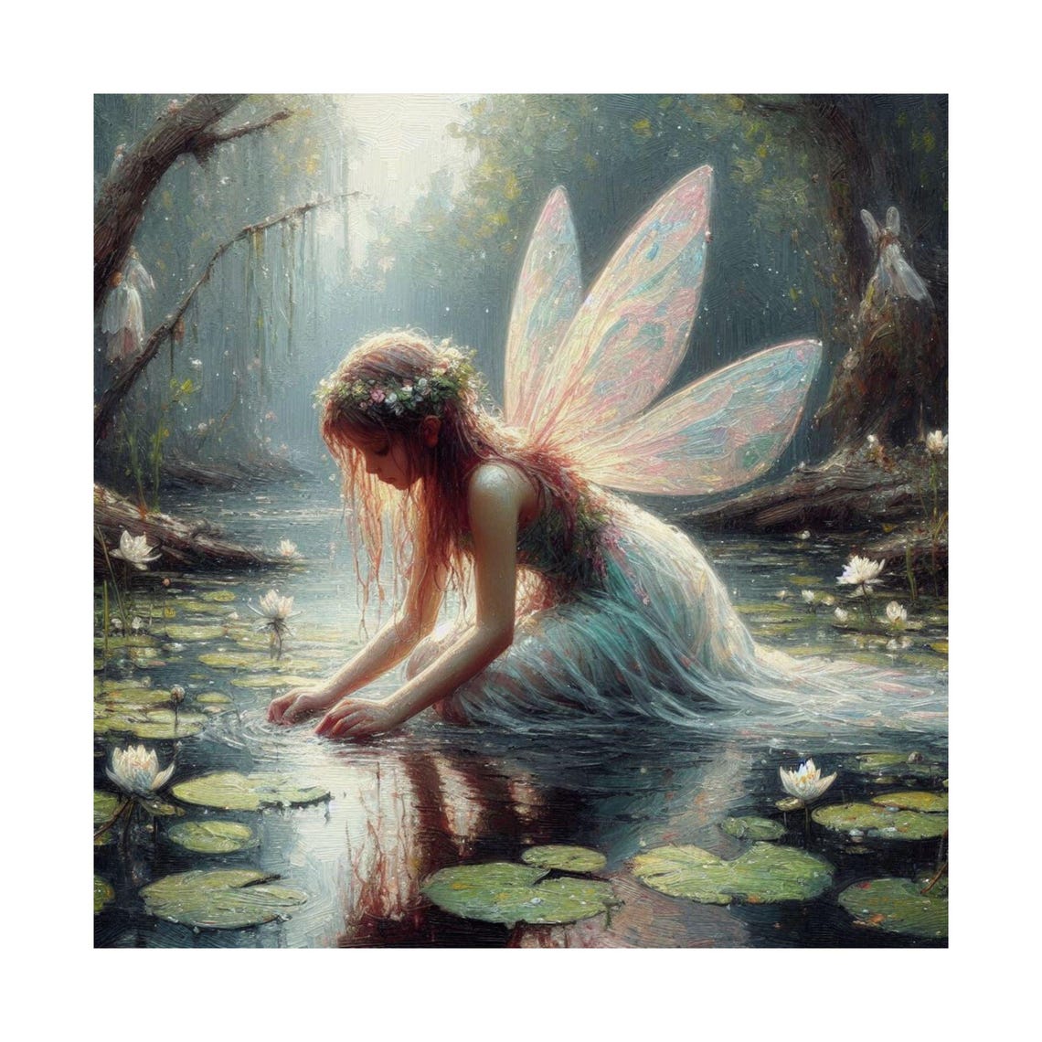 Fairy Kneeling by Lily Pond with Water Reflection Fantasy Poster - Image 7