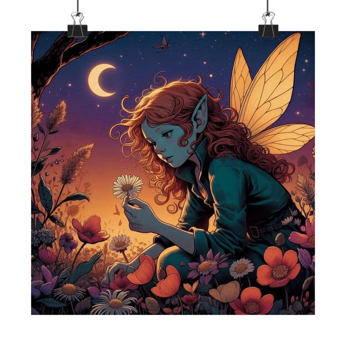 Red Haired Fairy Holding a Daisy Under a Crescent Moon Poster - Image 7