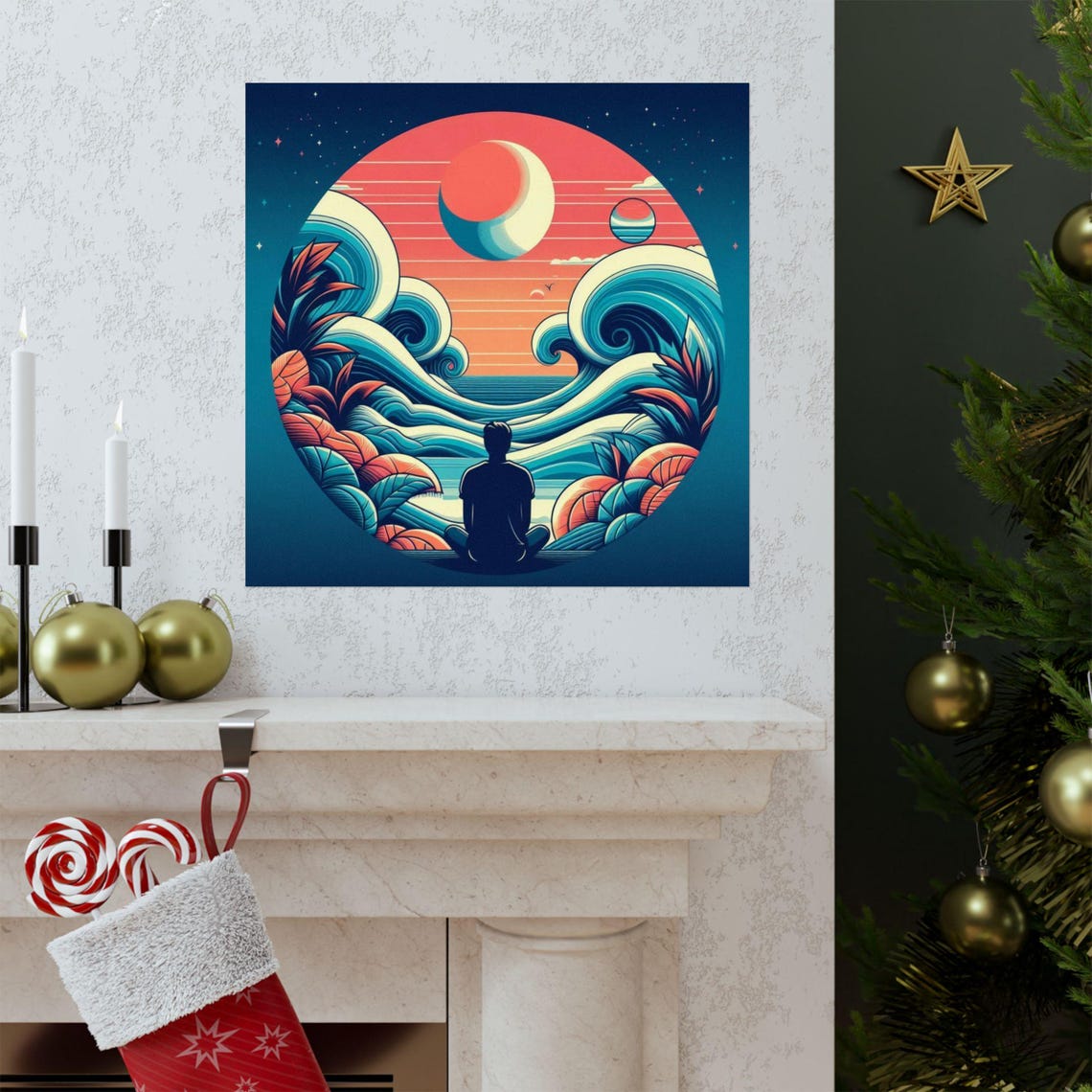 Lone Figure Meditating Before Ocean Waves Under a Moon Poster - Image 3