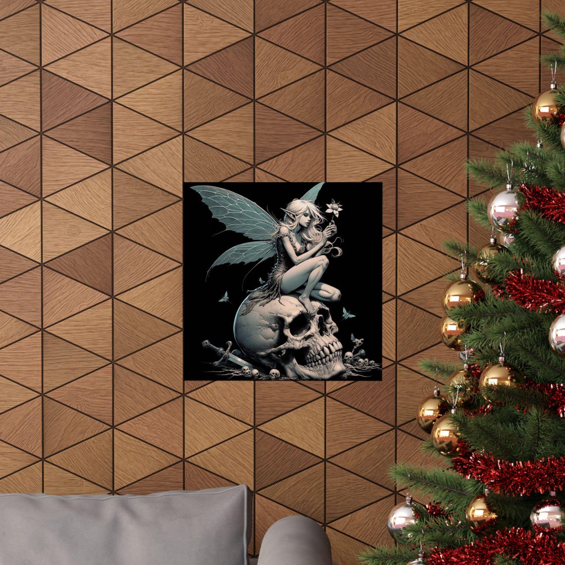 Gothic Fairy Sitting on a Skull in Dark Monochrome Art Poster - Image 5