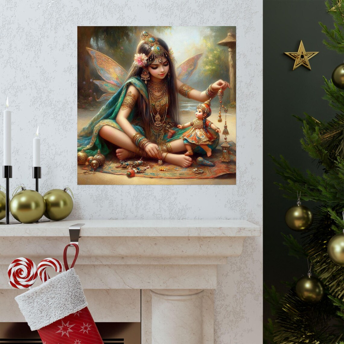 Indian Fairy Girl with Gold Jewels and Child Fantasy Art Poster - Image 3