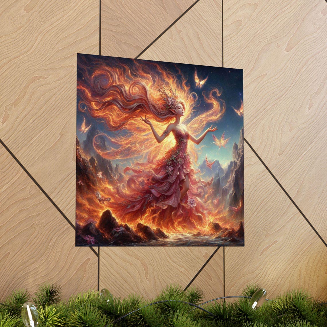 Fire Fairy Dancing amid Swirling Flames Dramatic Fantasy Art Poster - Image 5