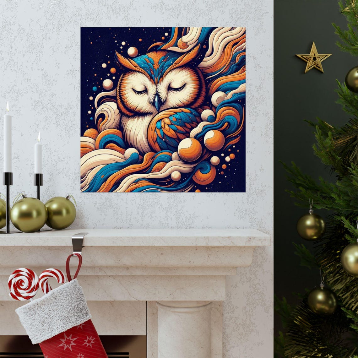 Sleeping Owl Wrapped in Dreamy Orange and Teal Swirls Poster - Image 3