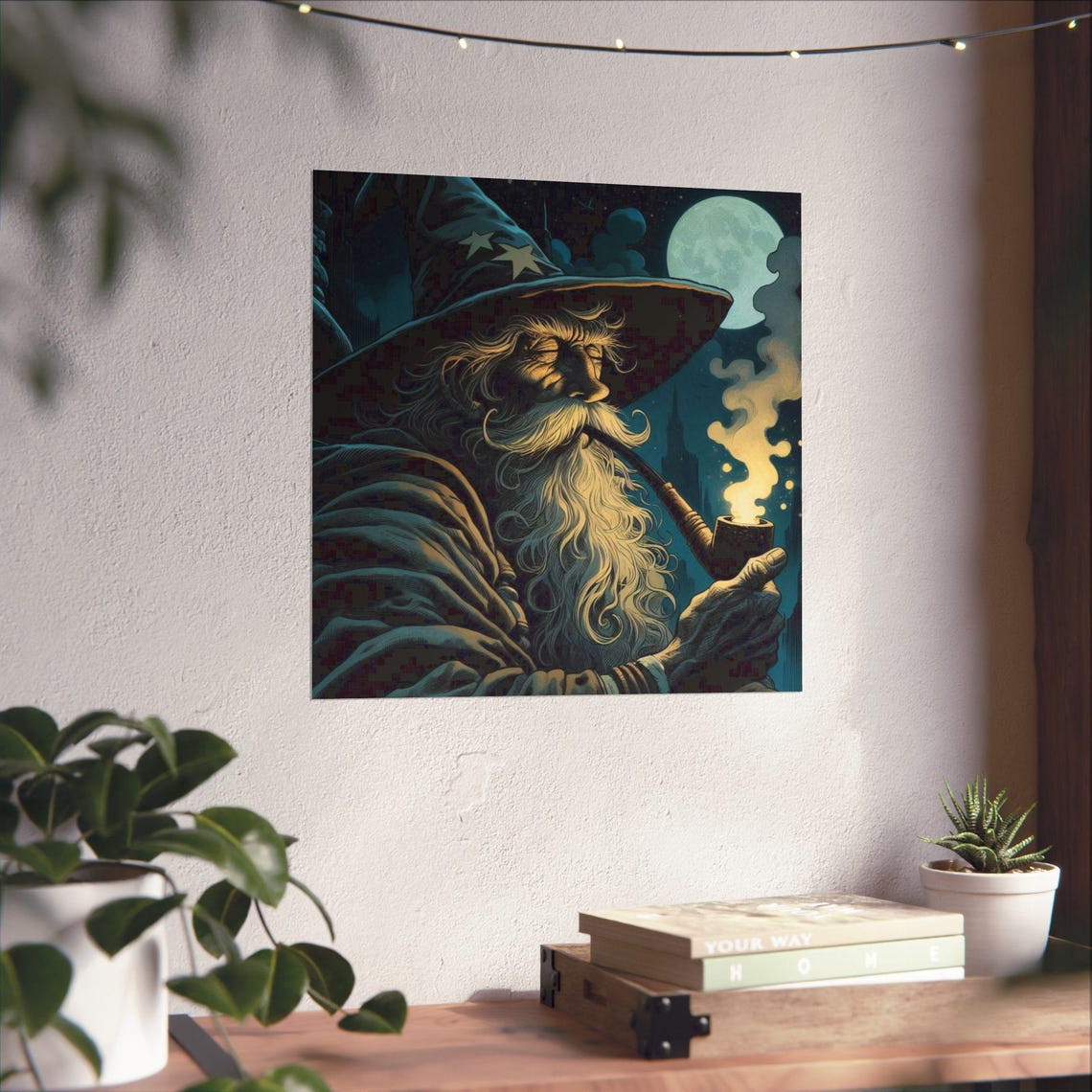 Wise Old Wizard Smoking a Pipe Under a Full Moon Night Poster - Image 4