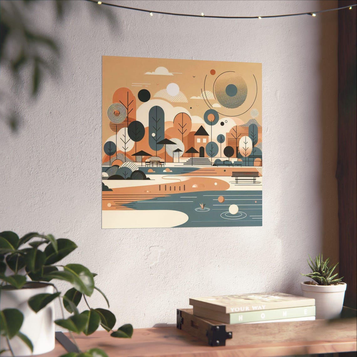 Geometric Abstract Park by the Lake in Warm Earth Tones Poster - Image 4