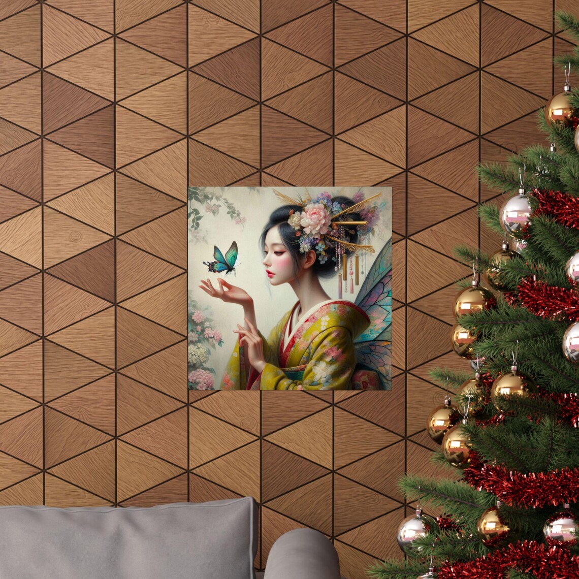 Elegant Geisha with Butterfly in Golden Kimono Japanese Art Poster - Image 6