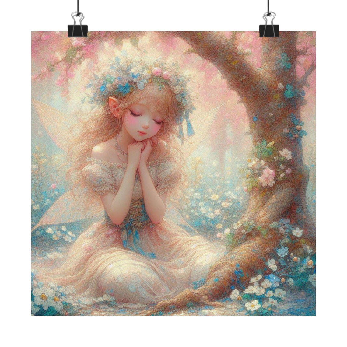 Pastel Fairy Girl Resting under Blossom Tree Spring Art Poster