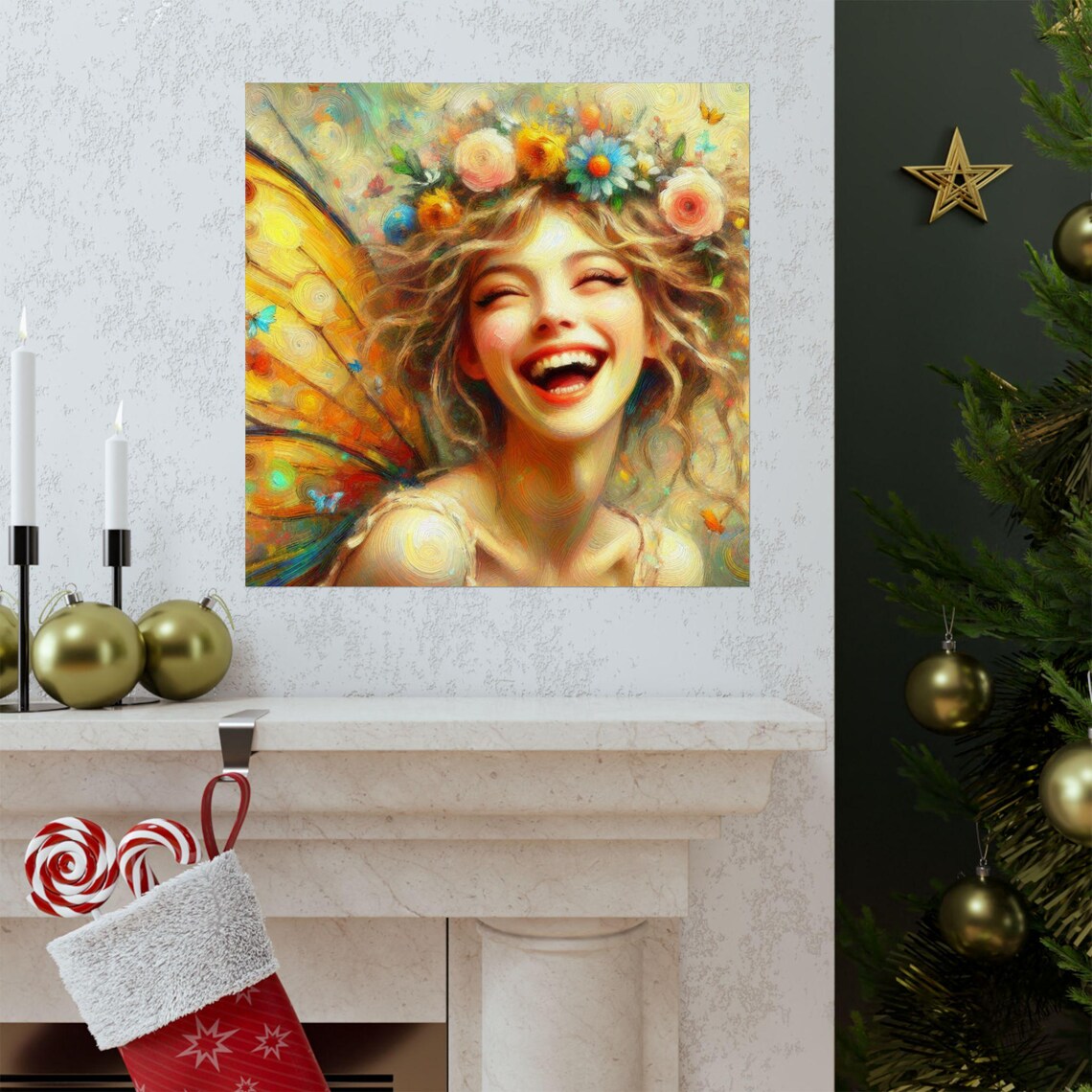 Laughing Fairy with Flower Crown and Butterfly Wings Art Poster - Image 3