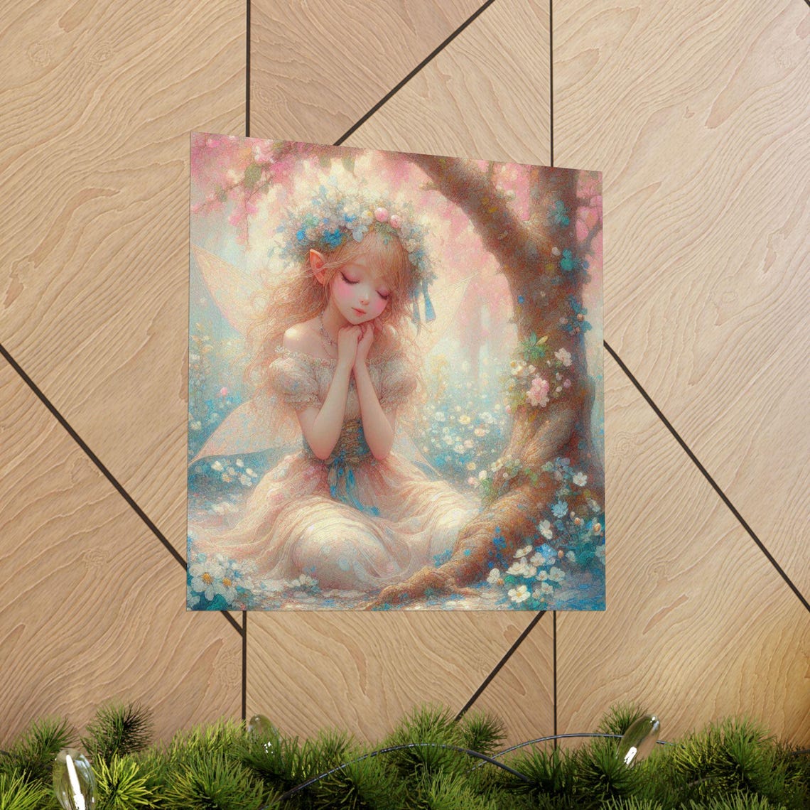 Pastel Fairy Girl Resting under Blossom Tree Spring Art Poster - Image 5