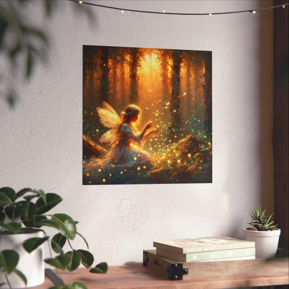 Fairy in Sunlit Forest Clearing with Fireflies Fantasy Art Poster - Image 4