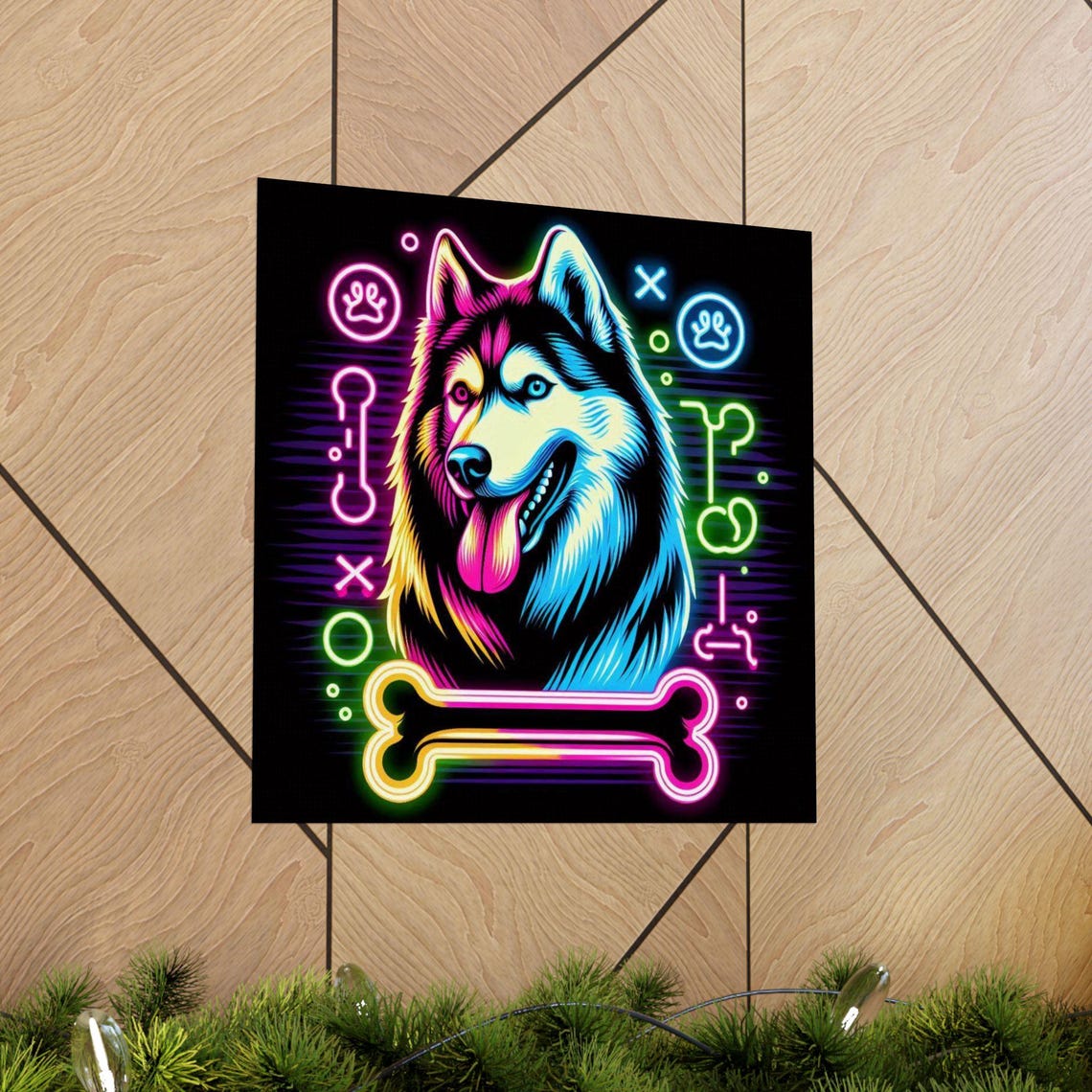 Smiling Husky Dog Face Glowing in Neon Colors on Black Poster - Image 5
