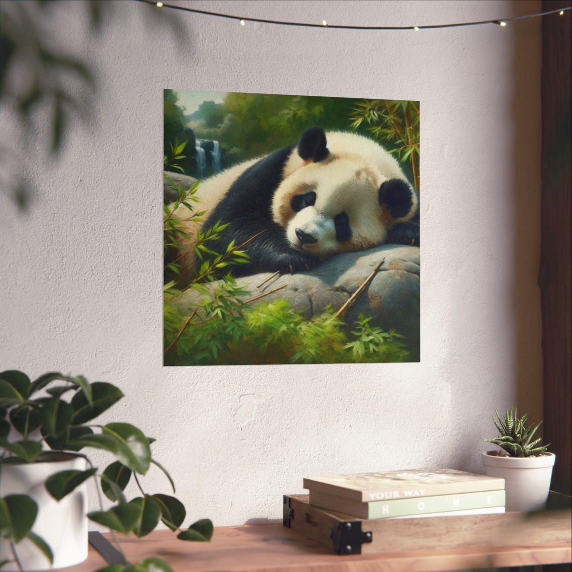Sleeping Panda Resting on Rock with Bamboo Cute Animal Art Poster - Image 4