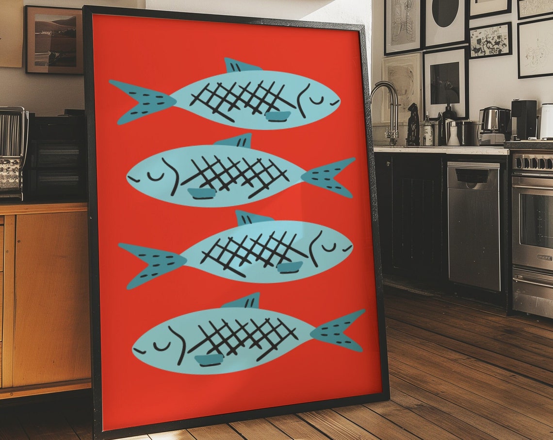 Blue Sardine Fish On Red Retro Mid Century Kitchen Decor Poster