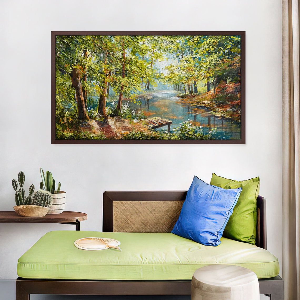 Lush Green Forest River Wooden Dock Sunlight Oil Painting Wall Art - Image 4