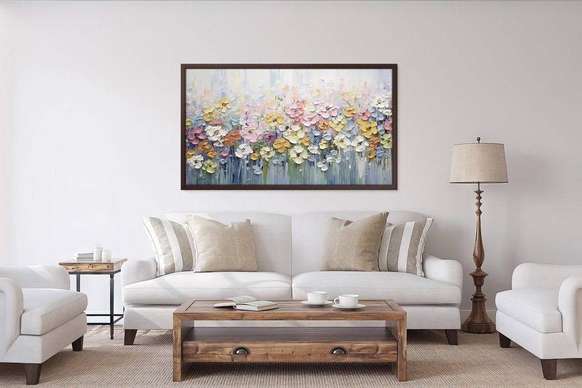 Pastel Flower Field Impasto Pink Yellow Blue Blossom Garden Art Print - Image 4
