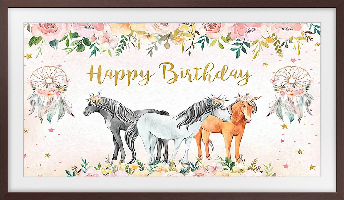 Happy Birthday Horses Floral Crowns Gold Script Party Wall Art Print - Image 3