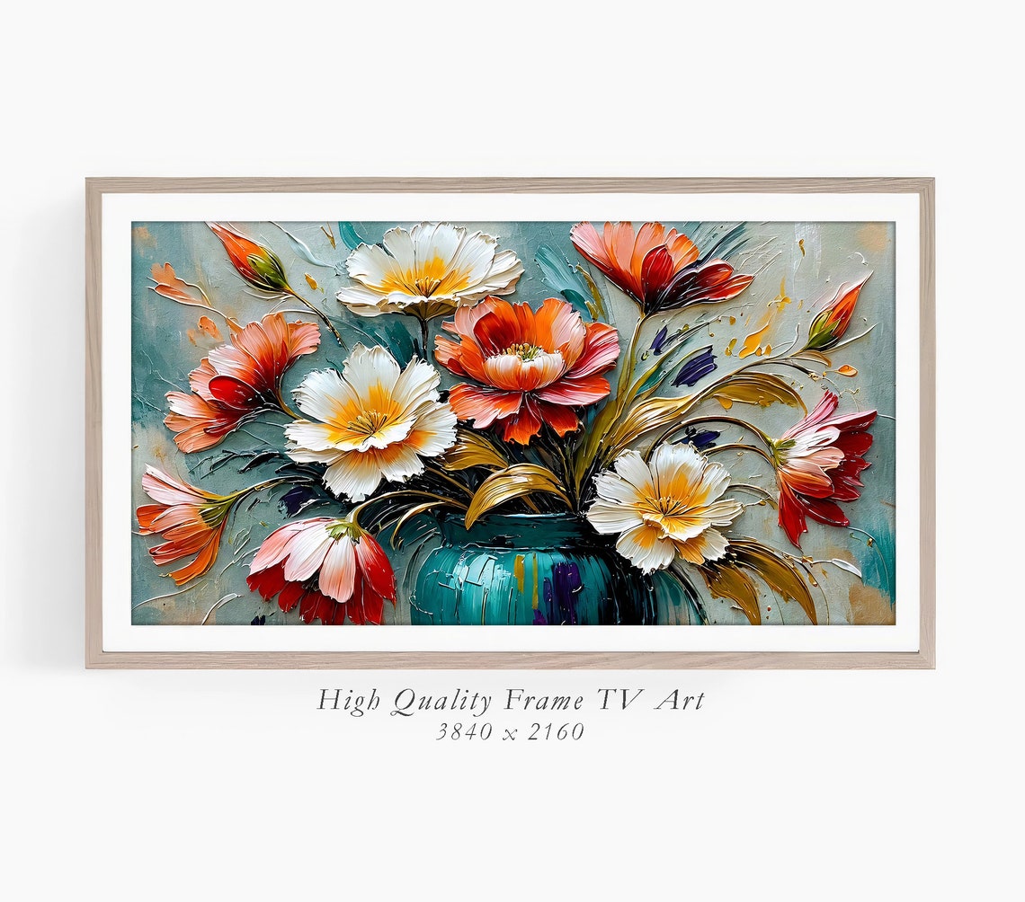 Orange White Poppy Bouquet Teal Vase Textured Oil Still Life Print - Image 3