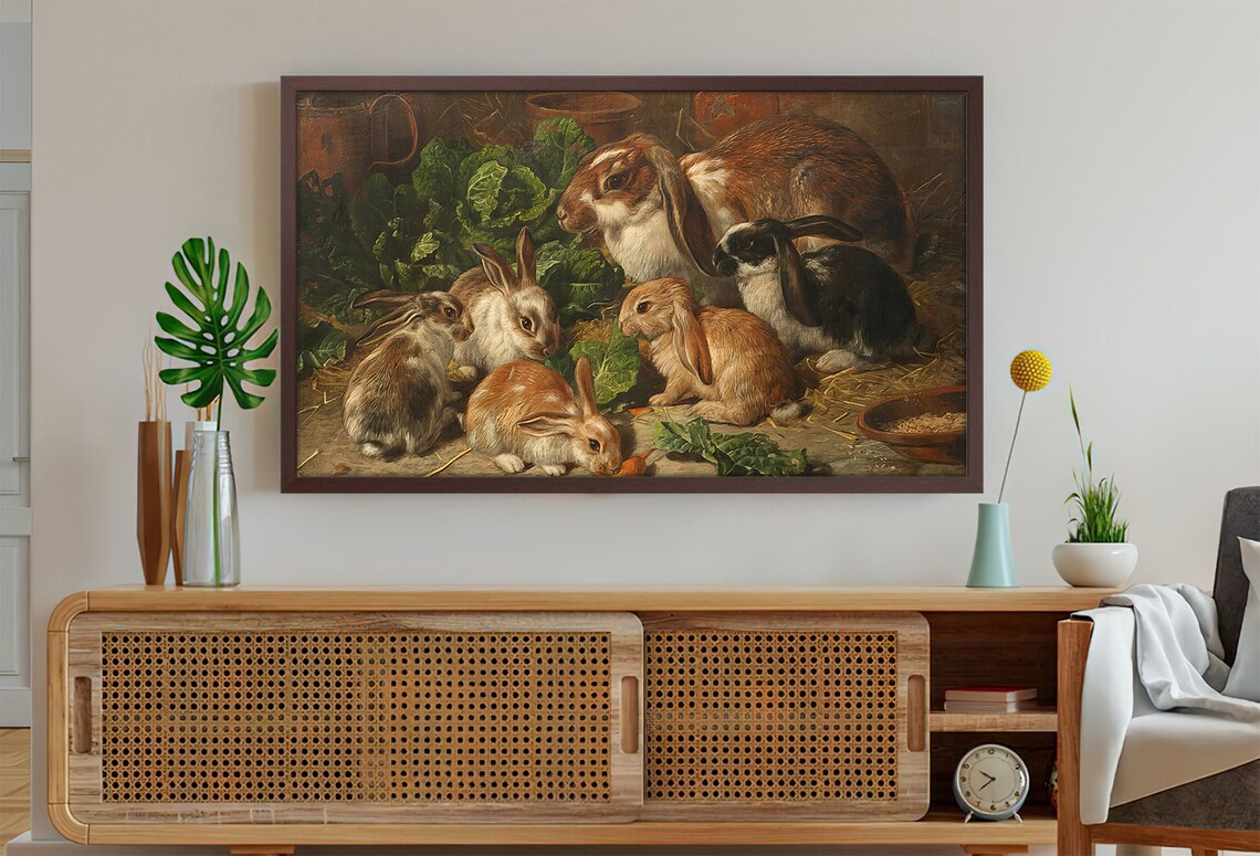 Rabbit Family Vintage Oil Painting Cute Bunny Stable Scene Art Print - Image 2