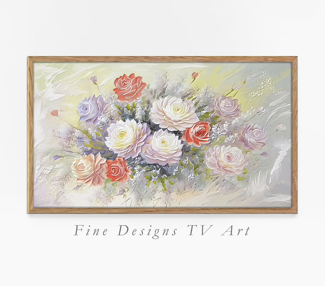 Hand Painted Pastel Roses Coral White Lavender Thick Art Poster