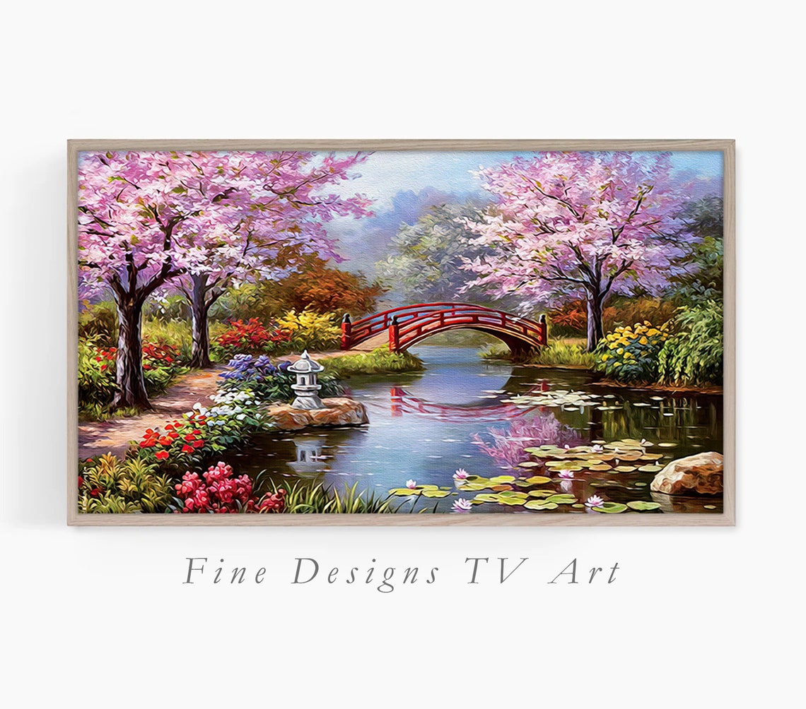 Japanese Cherry Blossom Garden Red Bridge Pond Asian Art Poster