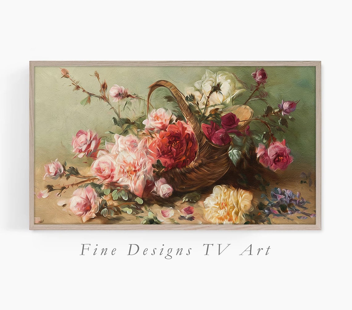 Vintage Rose Basket Still Life Pink Red Cream Flower Art Poster