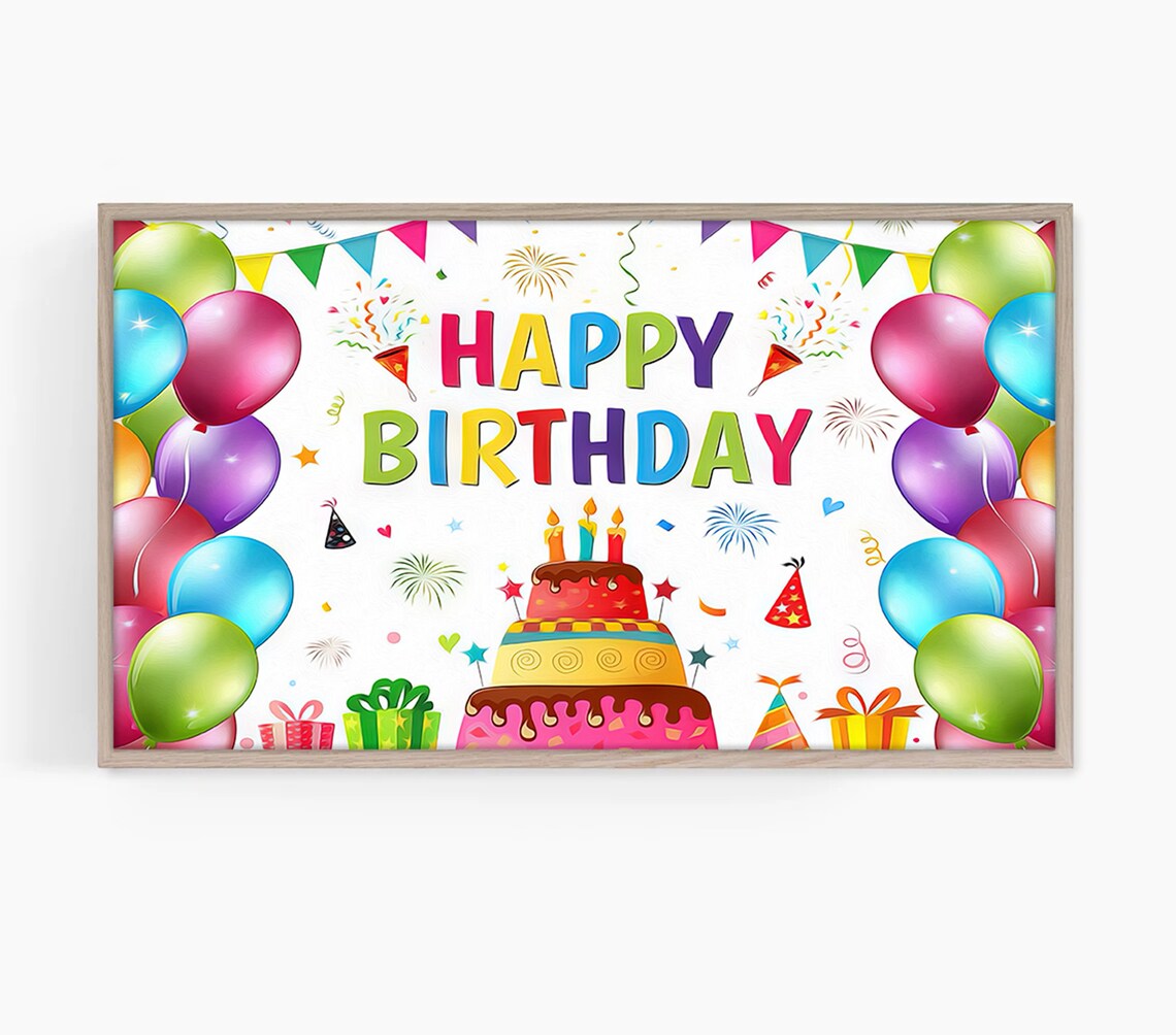 Birthday Cake and Balloons Art Print, Happy Birthday