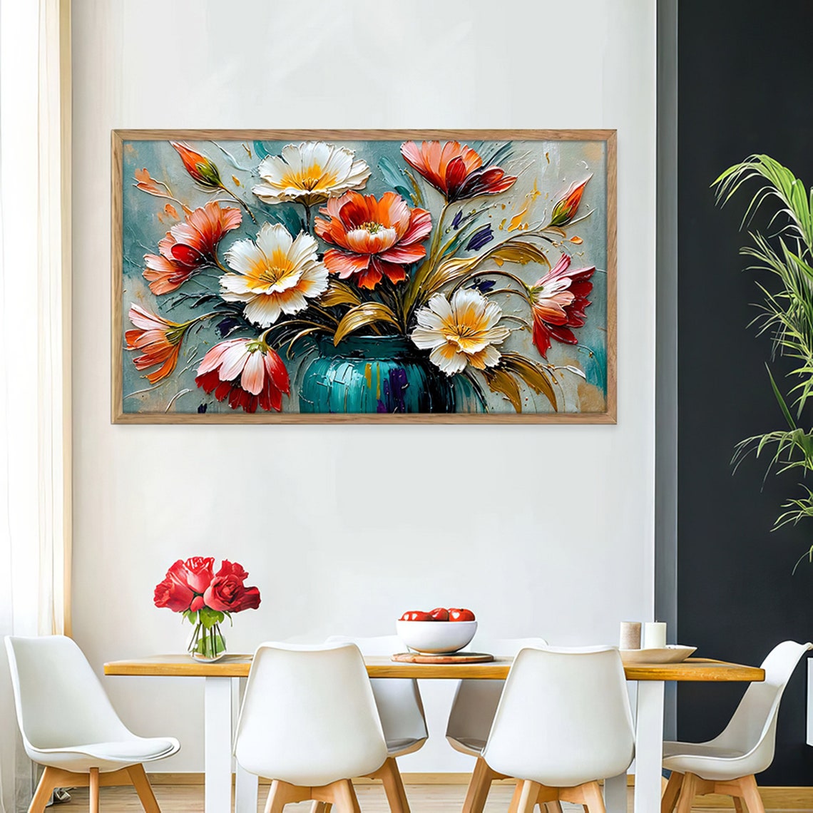Orange White Poppy Bouquet Teal Vase Textured Oil Still Life Print - Image 2