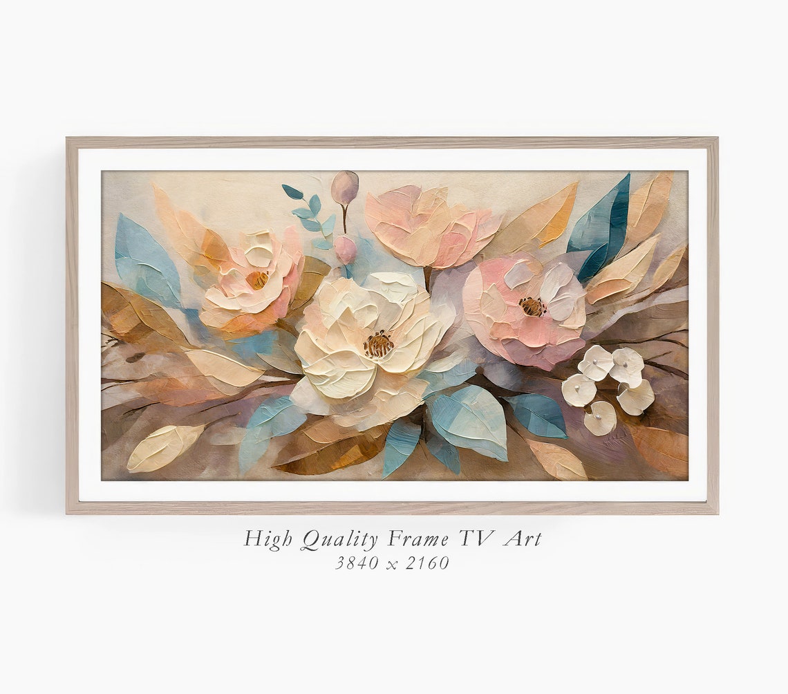 Blush Pink Roses Teal Leaves Impasto Earth Tone Floral Art Print - Image 3