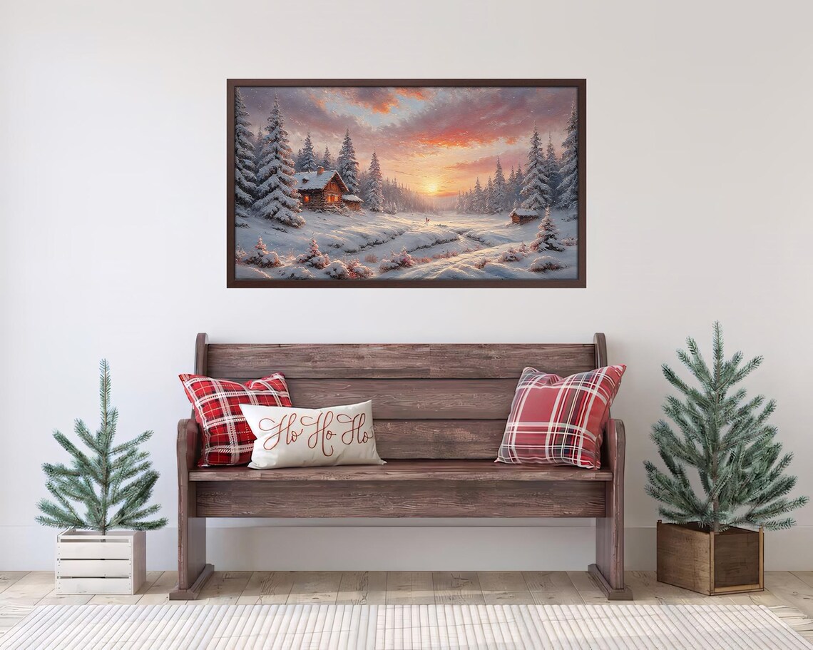 Frame Tv Art Schristmas Romantic Winter Sunset Rustic Cabin Painting Snow Landscape Art Snowy Forest - Image 4