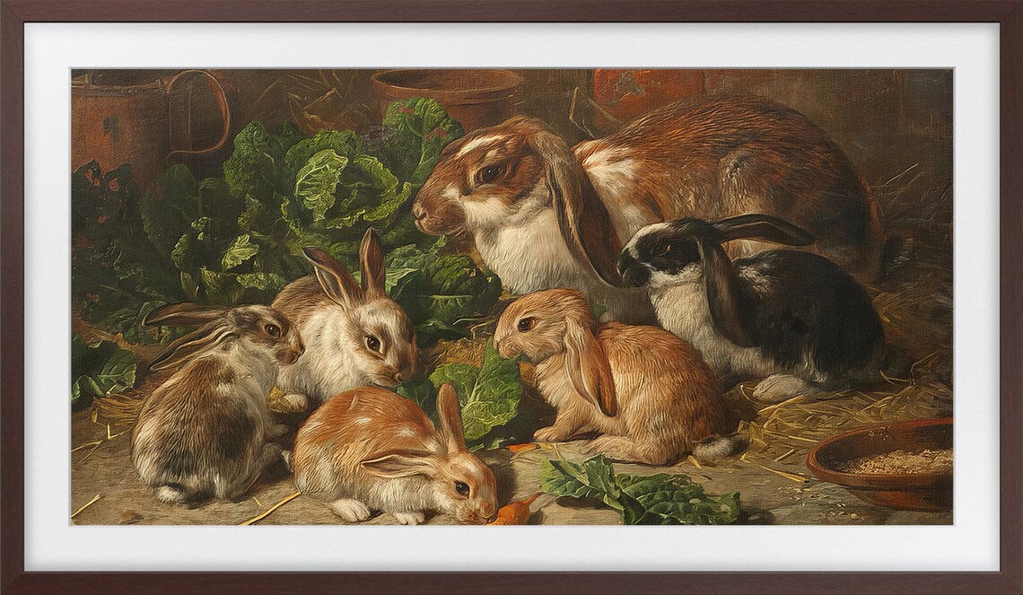 Rabbit Family Vintage Oil Painting Cute Bunny Stable Scene Art Print - Image 3