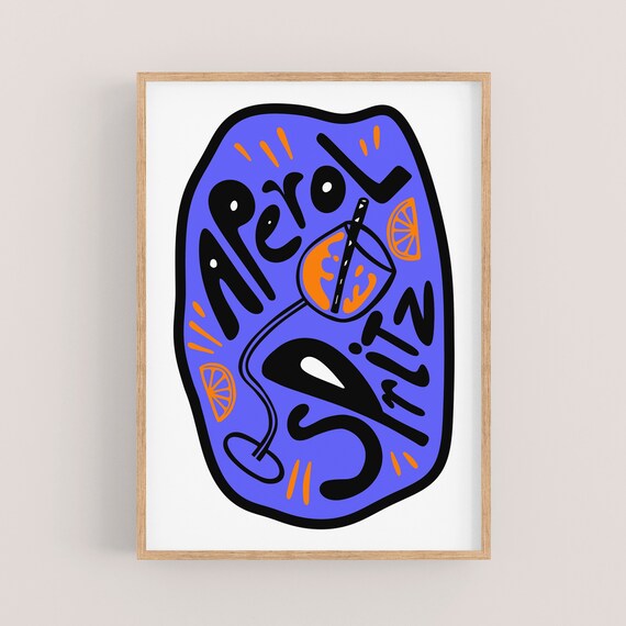 Aperol Spritz Purple Cocktail Bar Hand Drawn Retro Art Poster
