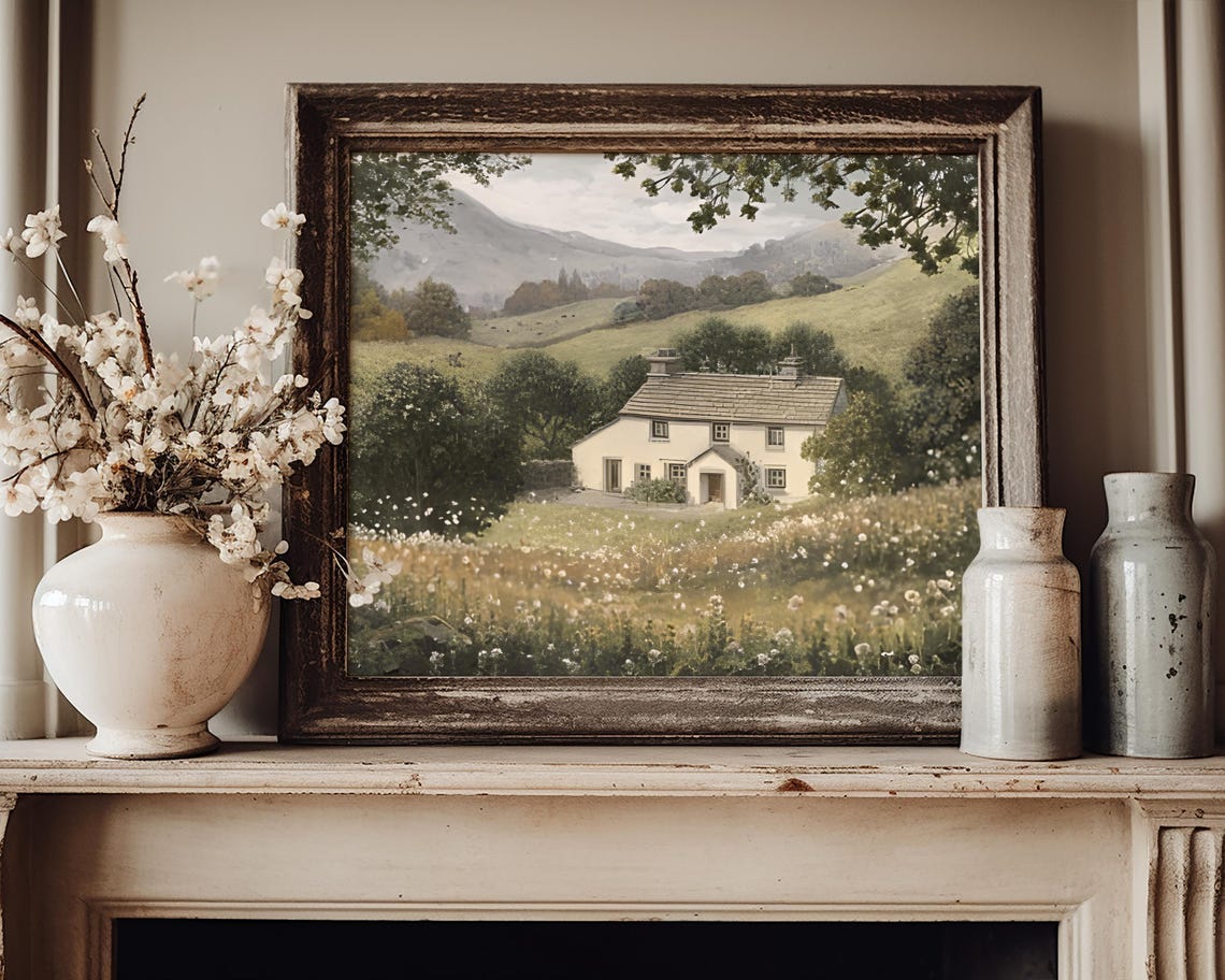 White Cottage Rolling Hills Wildflower Meadow Vintage Art Poster - Image 4