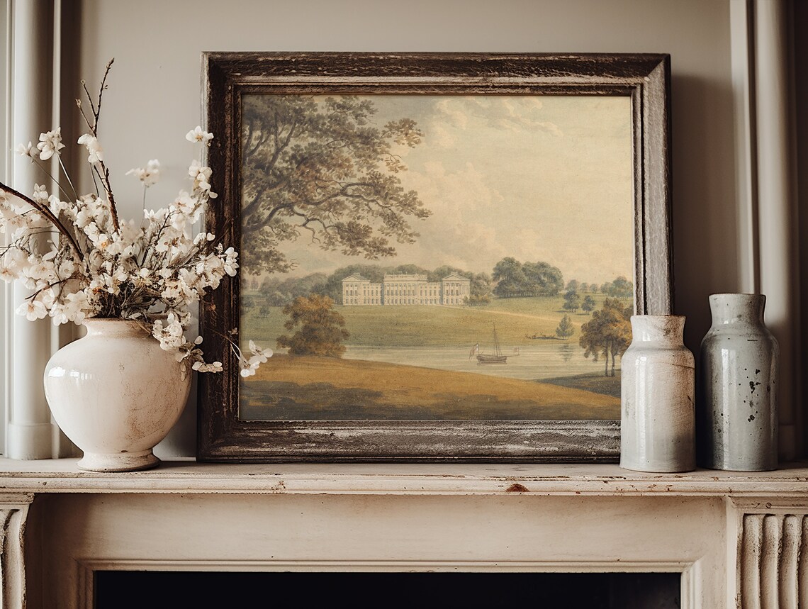 English Manor House Vintage Country Landscape Art Print - Image 2