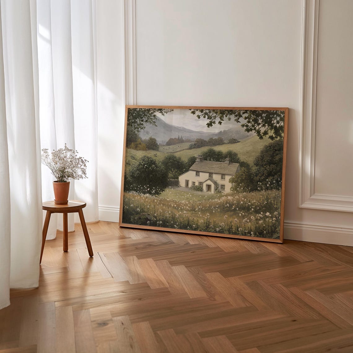 White Cottage Rolling Hills Wildflower Meadow Vintage Art Poster - Image 2