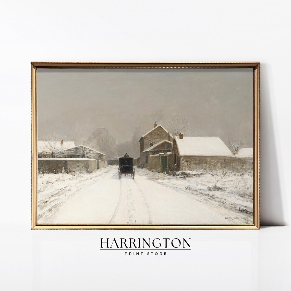 Snowy Village Street Horse Carriage Winter Vintage Oil Painting Poster