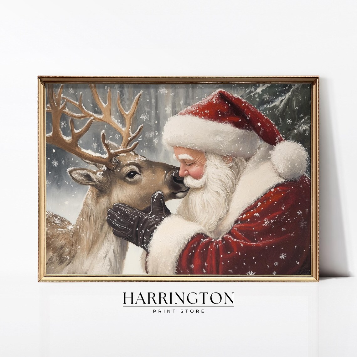 Santa Claus Nuzzling Reindeer Snowfall Vintage Christmas Art Poster