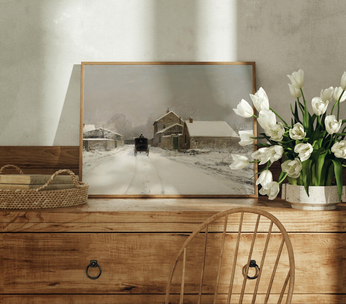 Snowy Village Street Horse Carriage Winter Vintage Oil Painting Poster - Image 4