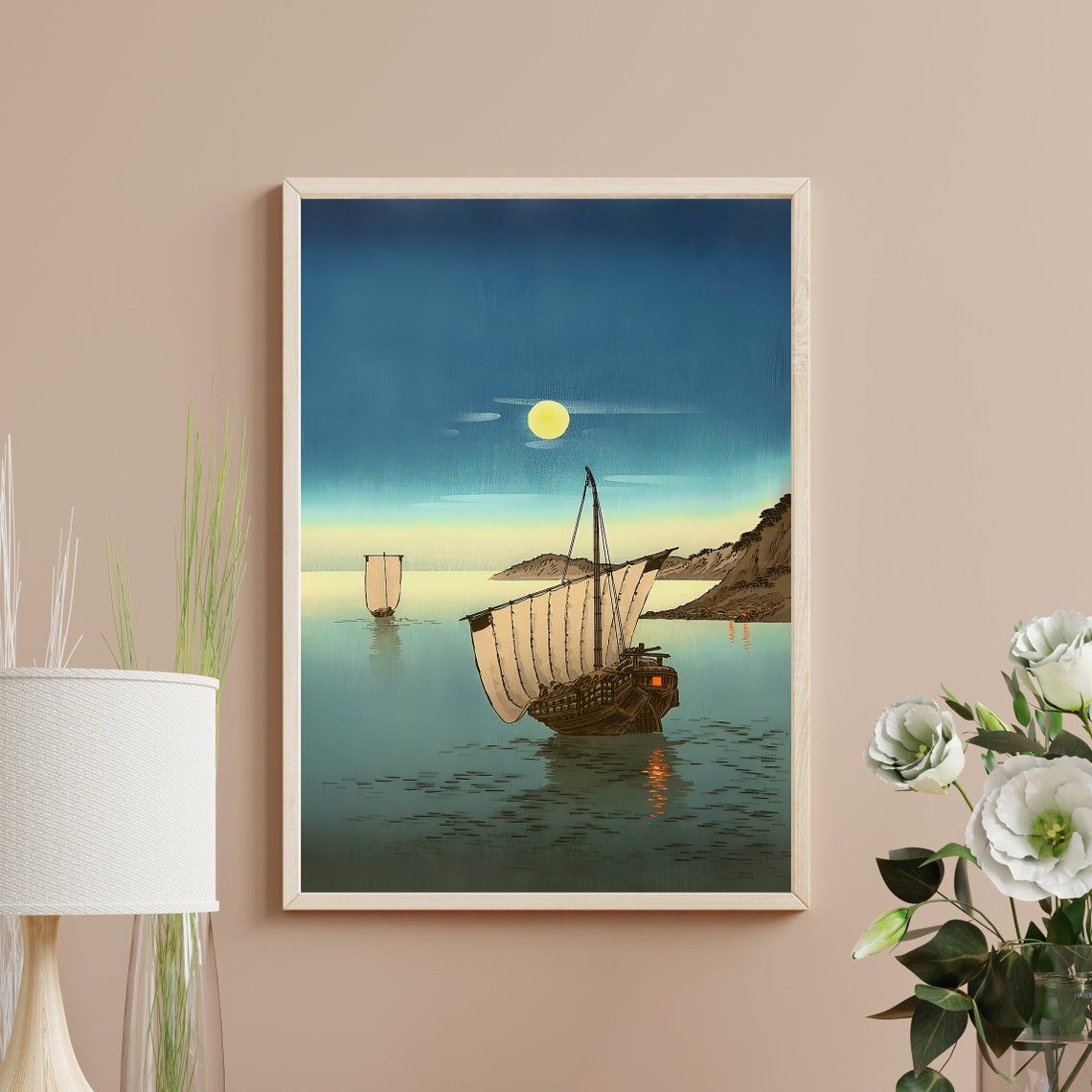 Two Sailing Boats in Moonlight Arai Yoshimune Night Seascape Poster