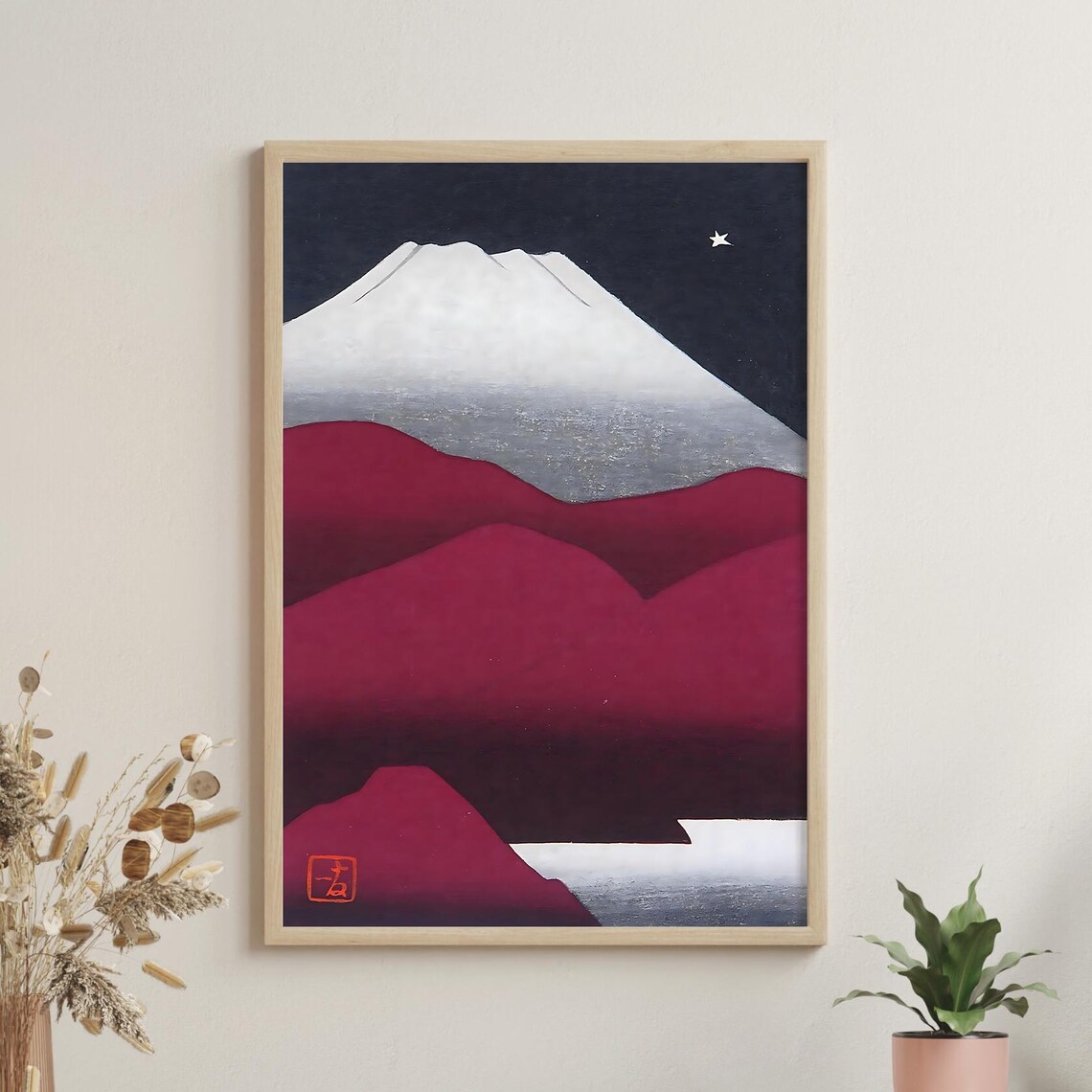 Mount Fuji and Morning Star Over Crimson Hills Night Woodblock Poster