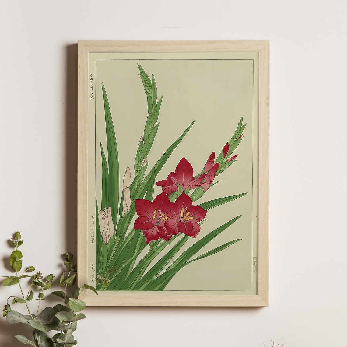 Red Gladiolus Blossom Vintage Japanese Botanical Woodblock Poster