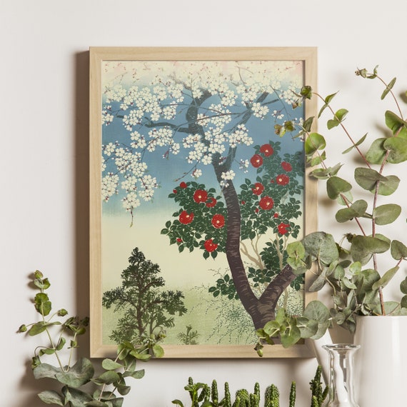 Cherry And Camellia Art Print Kawatsura Yoshio Painting 1920s Japanese Ukiyoe Poster Oriental Decor Vintage Floral Illustration