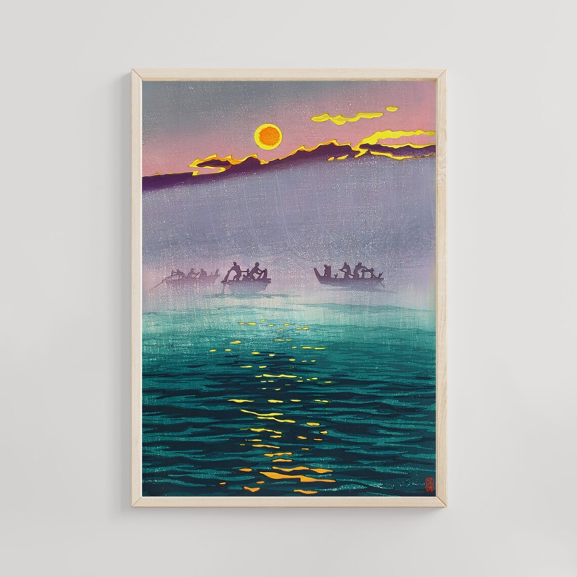Golden Sunset Over Teal Waters with Fishermen Japanese Art Print