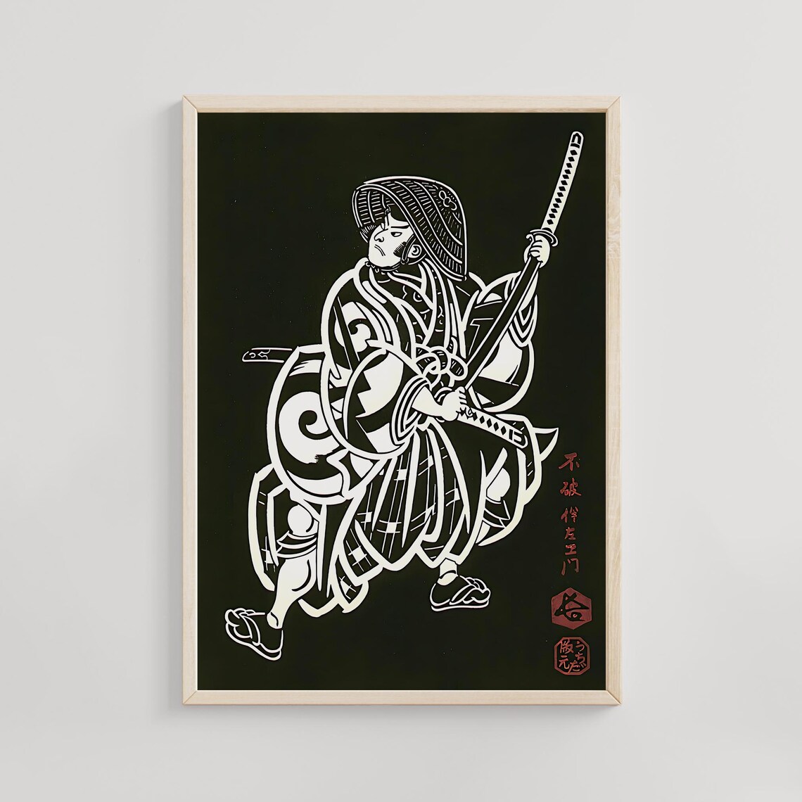 Kabuki Actor Fuwa Banzaemon Sword Pose Black and White Woodblock Poster