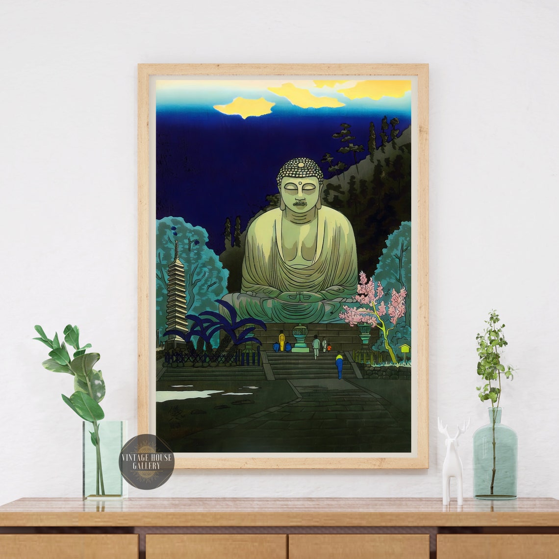 Great Buddha At Night With Pagoda And Cherry Blossom Woodblock Poster
