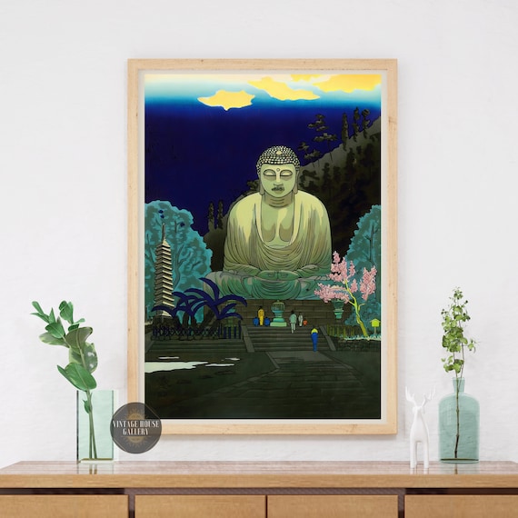 Great Buddha At Night With Pagoda And Cherry Blossom Woodblock Poster