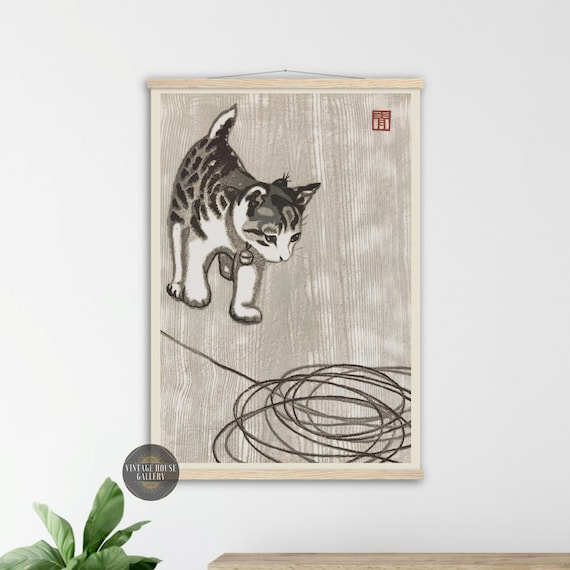 Playful Tabby Kitten Chasing Yarn Japanese Woodblock Art Poster