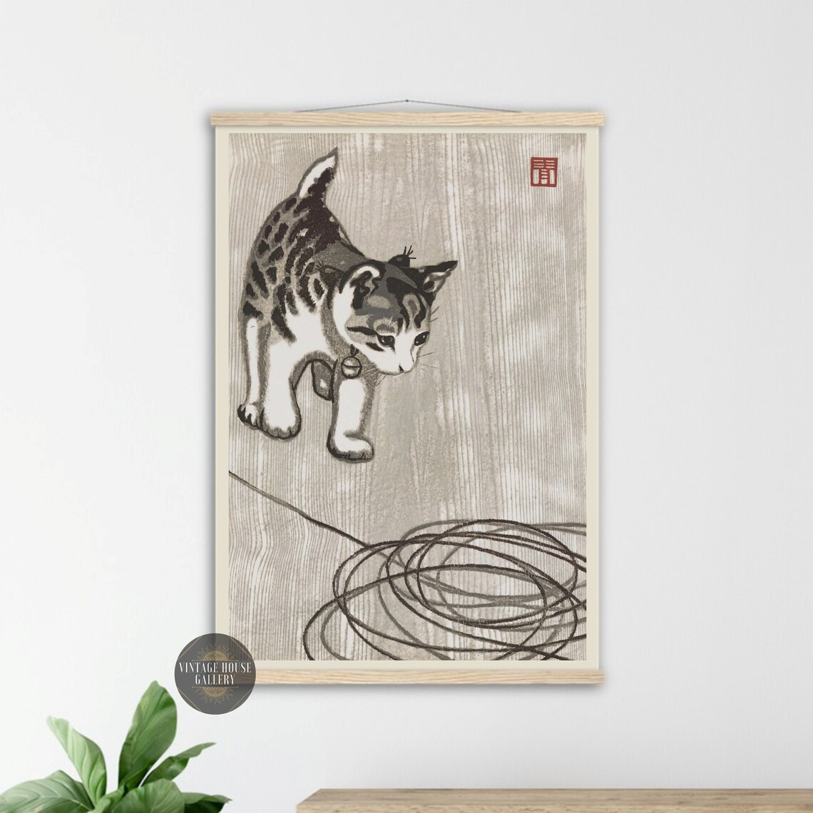 Playful Tabby Kitten Chasing Yarn Japanese Woodblock Art Poster