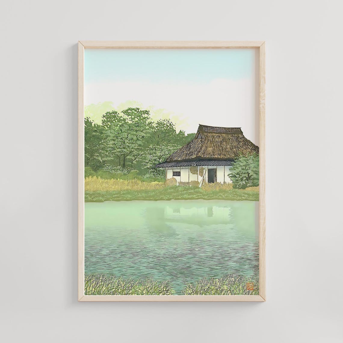 Canal Farmhouse Reflection Thatched Roof Japanese Landscape Poster